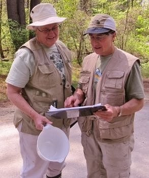 Susan and Karen Sielke -- longtime Vernal Pool Project volunteers -- dressed in field gear and ready to sleuth out vernal pools! (photo © Cynthia Nichols)