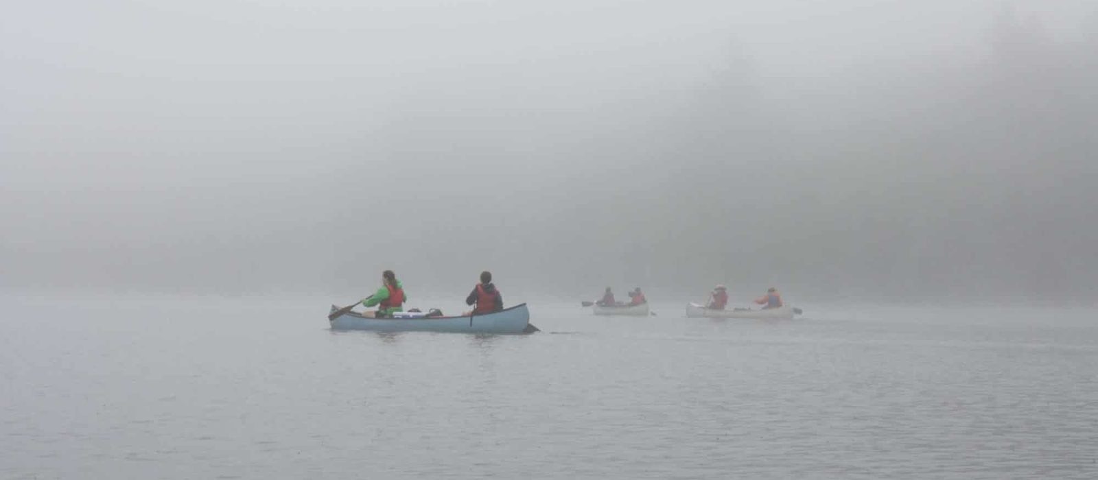 Harris Center campers canoe on a foggy Spoonwood Pond. (photo © Kim Bylancik)