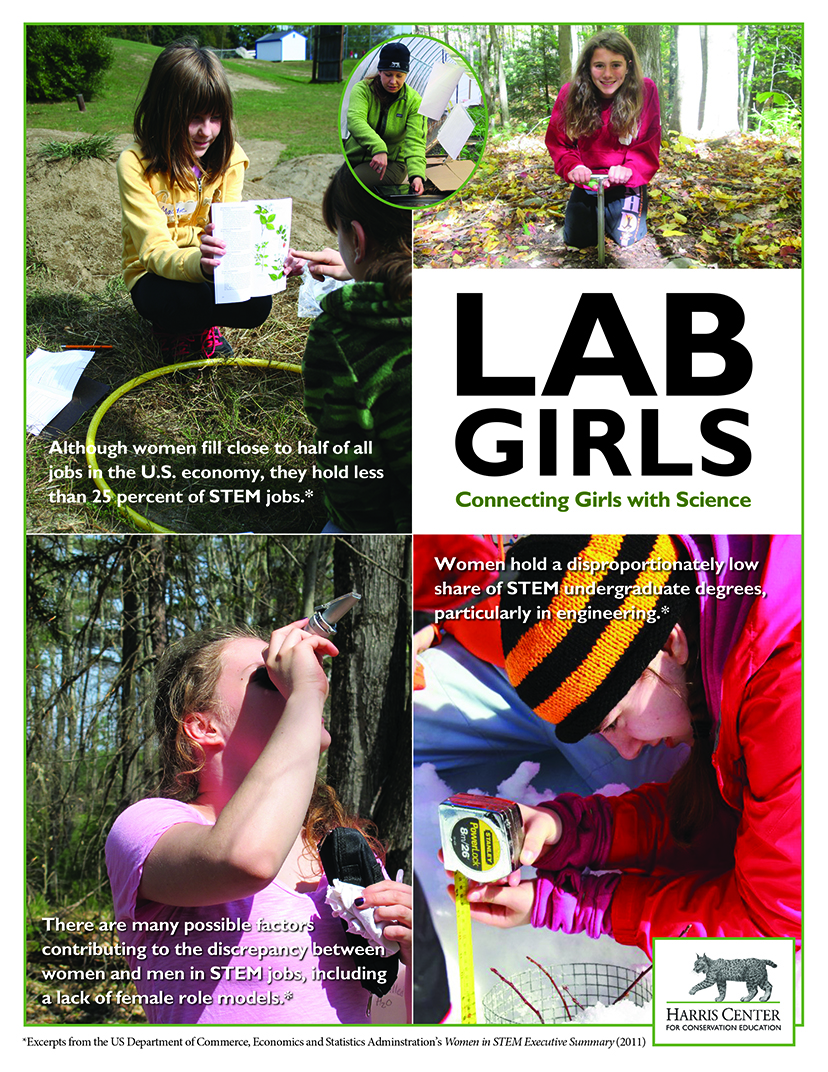 a poster featuring girls of all ages engaged in science