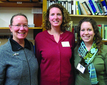 Harris Center teacher-naturalists Janet Altobello (left) and Laurel Swope (right) present Carol Young with the Harris Center's 2014 Educator of the Year Award.