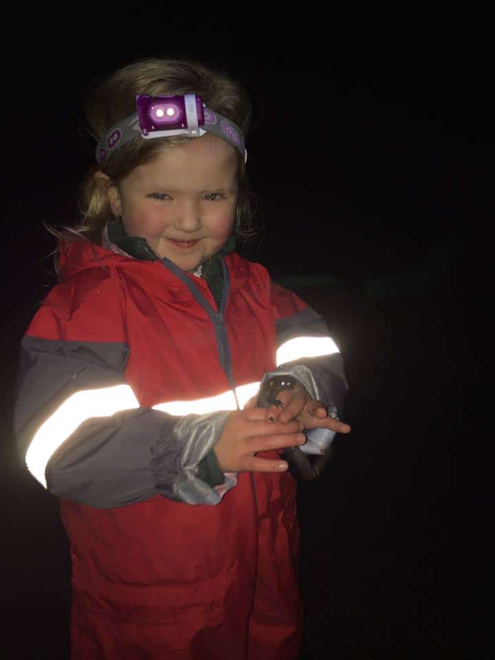 A young Crossing Brigadier helps her very first spotted salamander across Antrim Road in Hancock on April 7. (photo © Julie Tilden Brown)