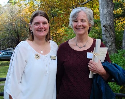Harris Center naturalist Jaime Hutchinson presented Jay Hale with the 2017 Laurie Bryan Partnership Award.