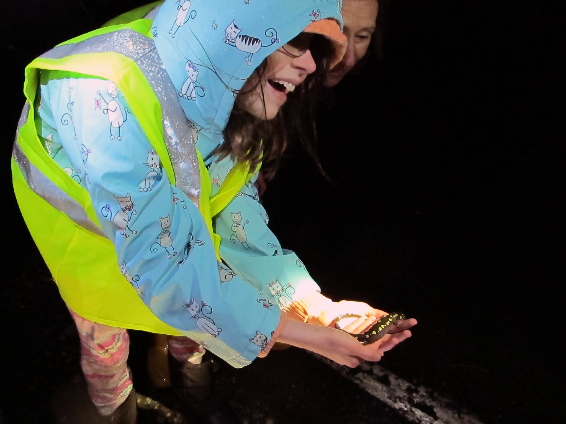 An excited girl holds a spotted salamander in her hands for the very first time.