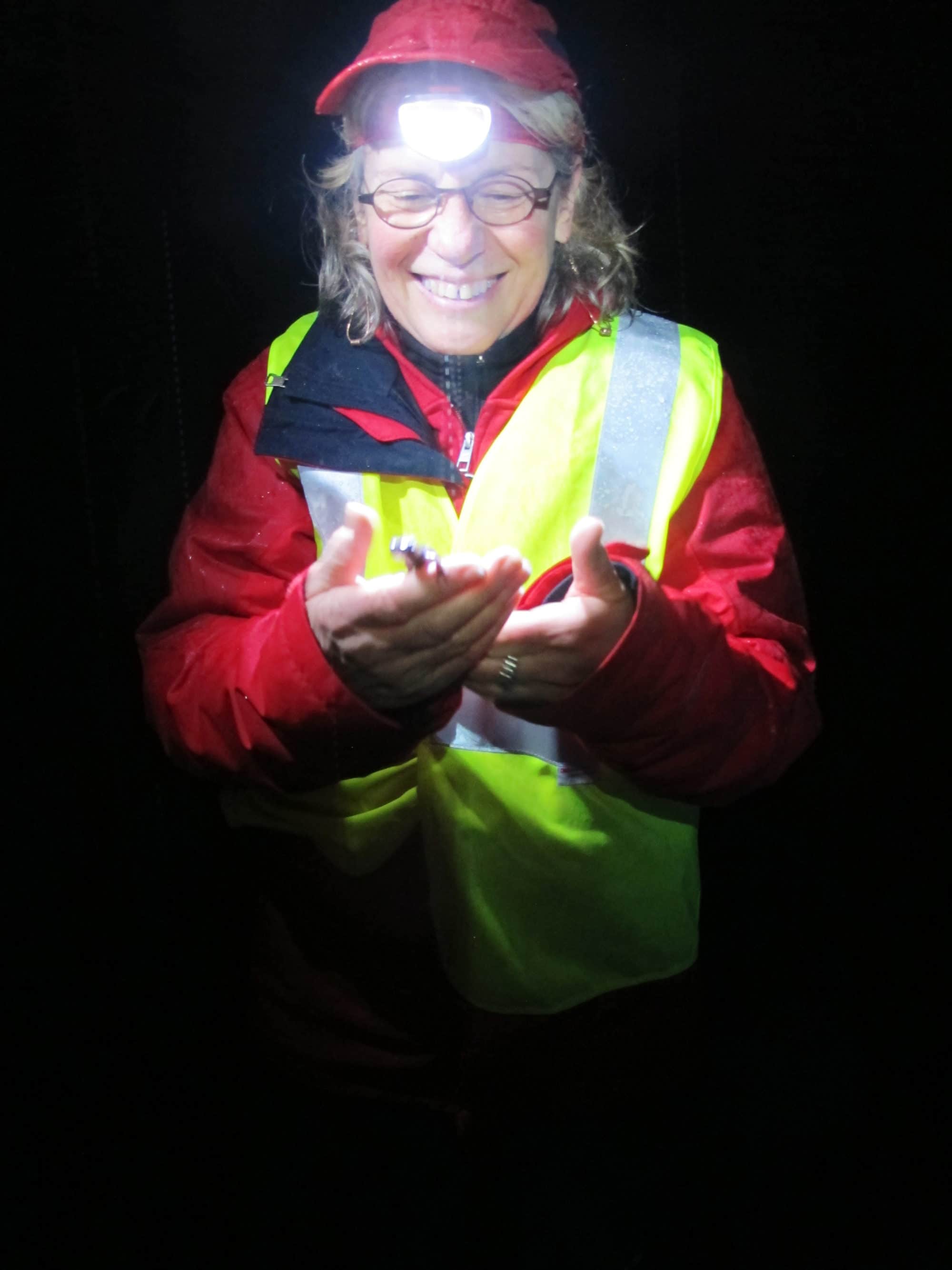A Crossing Brigade volunteer holds a spotted salamander. (photo © Brett Amy Thelen)