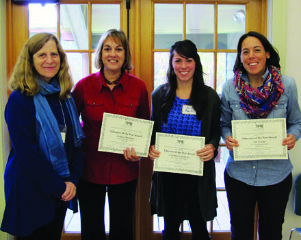 Harris Center teacher/naturalist Polly Pattison (left) with the 2015 Educators of the Year (left to right): Teresa Morris, Elizabeth Marchi, and Alli Carr.