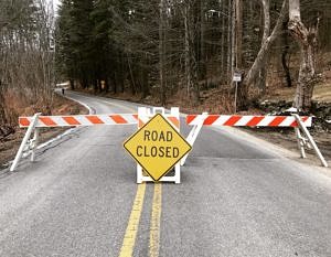A "Road Closed" sign and barricade at North Lincoln Street, Keene, NH. (photo © Brett Amy Thelen)