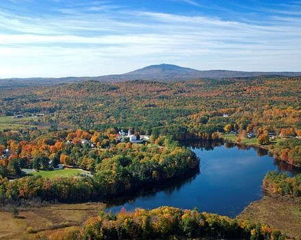 An aerial view of Norway Pond, Hancock, and Mount Monadnock. (photo © LandVest)