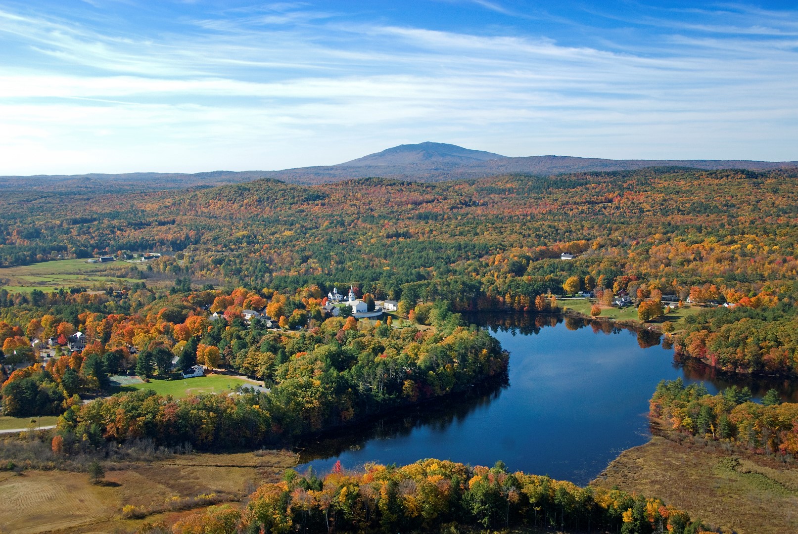 An aerial view of Norway Pond, Hancock, and Mount Monadnock. (photo © LandVest)
