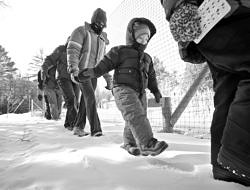 A line of children and their parents practice "walking like a wolf" through the snow during a Harris Center tracking program. (photo © Bill Gnade)