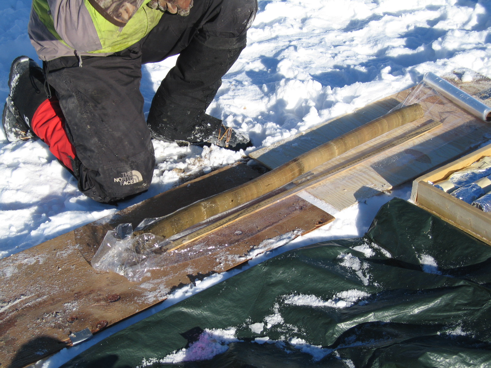 A researcher examines a newly-extracted lake sediment core. (photo © Montana State University Paleoecology Lab)