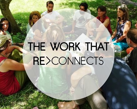 A group of people sit in a circle, overlaid with the words "The Work That Reconnects." (photo © Claudian Dobos & Empatheast)