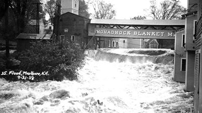 Historic photograph of a rushing river at the Monadnock Blanket Mill in Marlborough NH. (photo © Historical Society of Cheshire County)