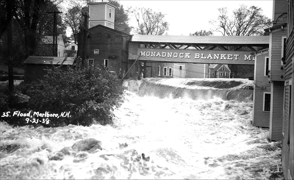 Historic photograph of a rushing river at the Monadnock Blanket Mill in Marlborough NH. (photo © Historical Society of Cheshire County)