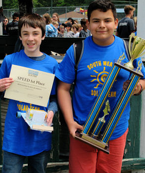Francisco James & Miles Higgins of South Meadow School, winners of 1st Prize for Speed, show off their winning car (