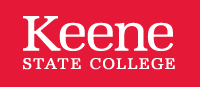 The words Keene State College in white against a red background.
