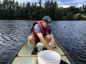 Norway Pond Commission chair Tom Shevenell sets a canoe anchor during a morning of water quality sampling on Norway Pond. (photo © Brett Amy Thelen)