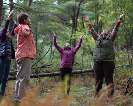 A group practices "forest bathing" with a Harris Center naturalist. (photo © Ben Conant)
