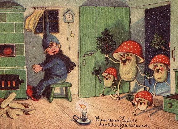 A vintage holiday card featuring soma mushrooms. (image © Medium / Mustapha Itani)