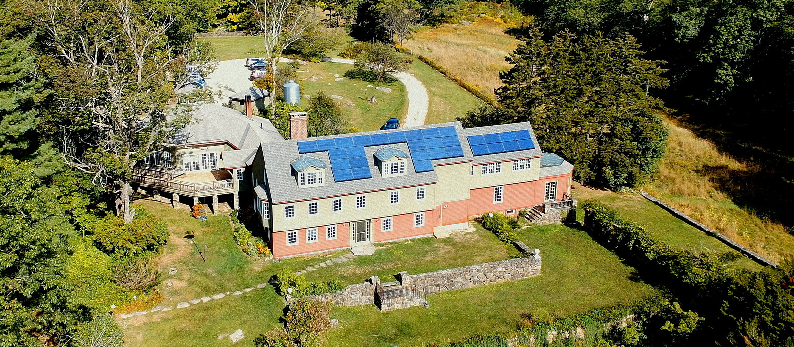 An aerial view of the Harris Center building, showing the its rooftop solar array.