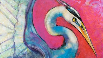 A colorful painting of a Great Blue Heron by Rosemary Conroy