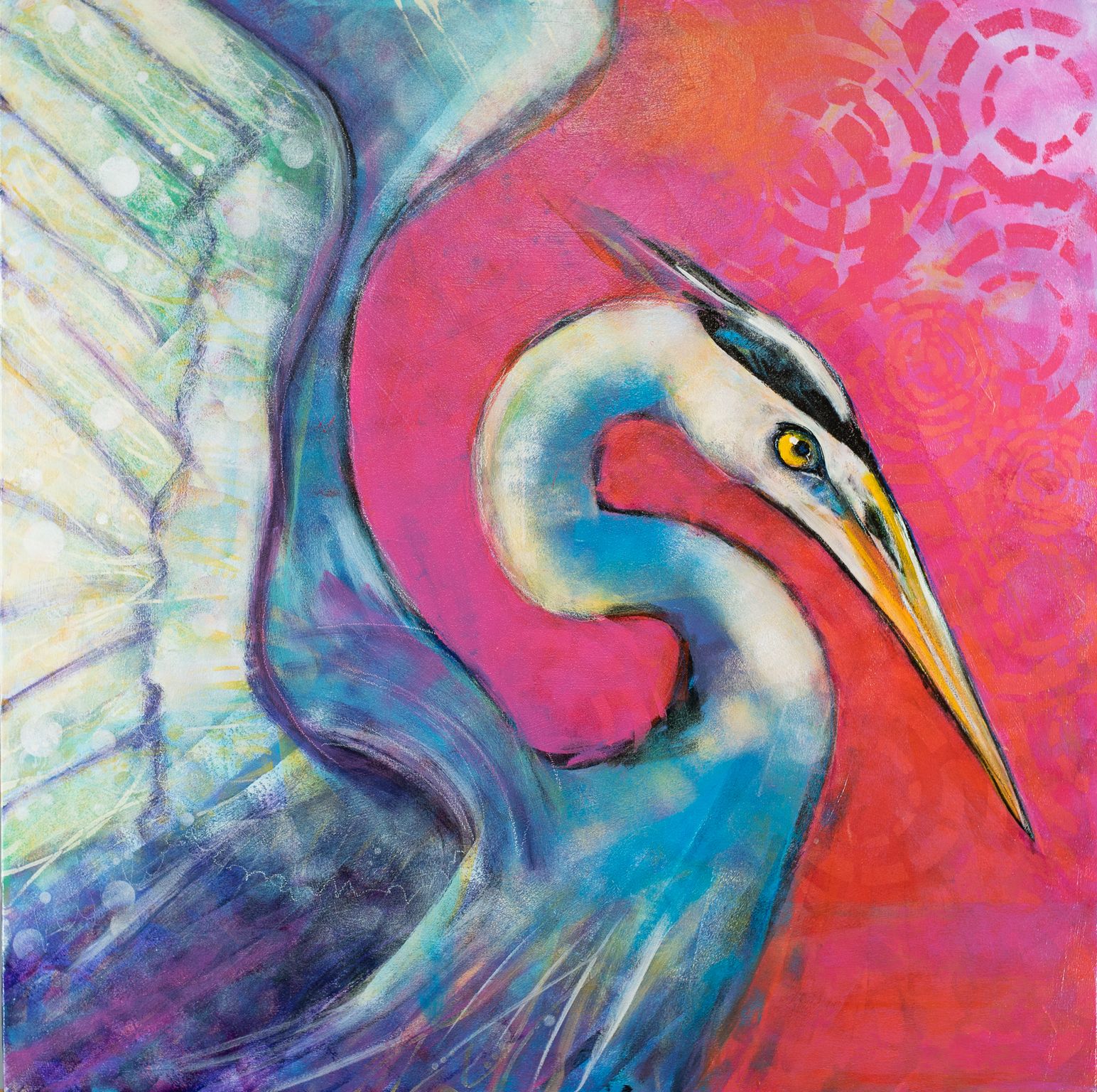A colorful painting of a Great Blue Heron by Rosemary Conroy