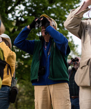 Meade is still going strong! Here, he leads a birding outing on a newly-conserved Harris Center property in 2018. (photo © Ben Conant)