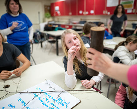 The LAB GIRLS afterschool club learns about forestry with UNH Extension Forester Karen Bennett. (photo © Ben Conant)