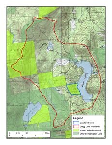 A map of the Caughey Forest, in relation to Gregg Lake and nearby conserved lands. 