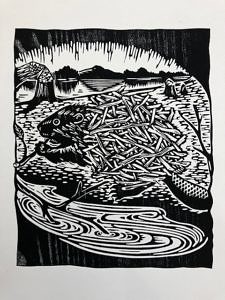 A woodcut of a beaver made by Kim Cunningham.