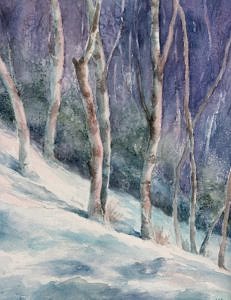 A painting of birch trees in winter by Donna Allen