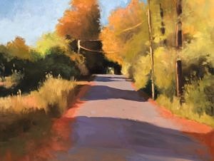 A painting of a country road by Sue Callihan.