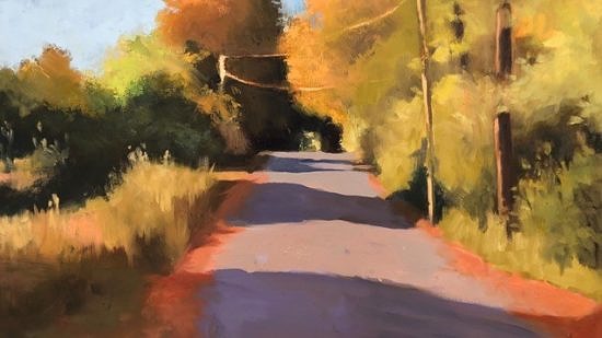 A painting of a country road by Sue Callihan.