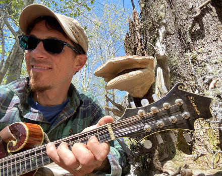 John Benjamin playing the mandolin near a mushroom.