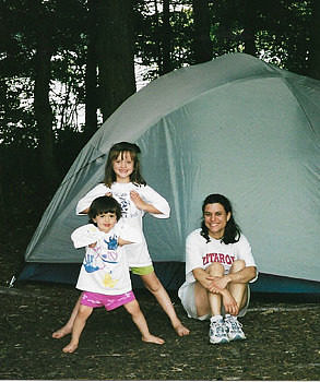 Molly, Maya, and Roshan at their Spoonwood campsite in 2002.