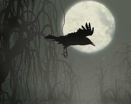 A raven flying above a graveyard on a full-moon night. (photo © Jeanne Masar via the Flickr Creative Commons)