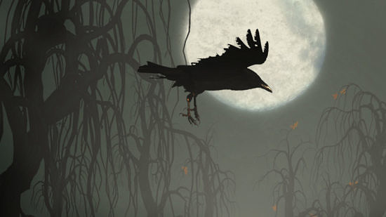 A raven flying above a graveyard on a full-moon night. (photo © Jeanne Masar via the Flickr Creative Commons)