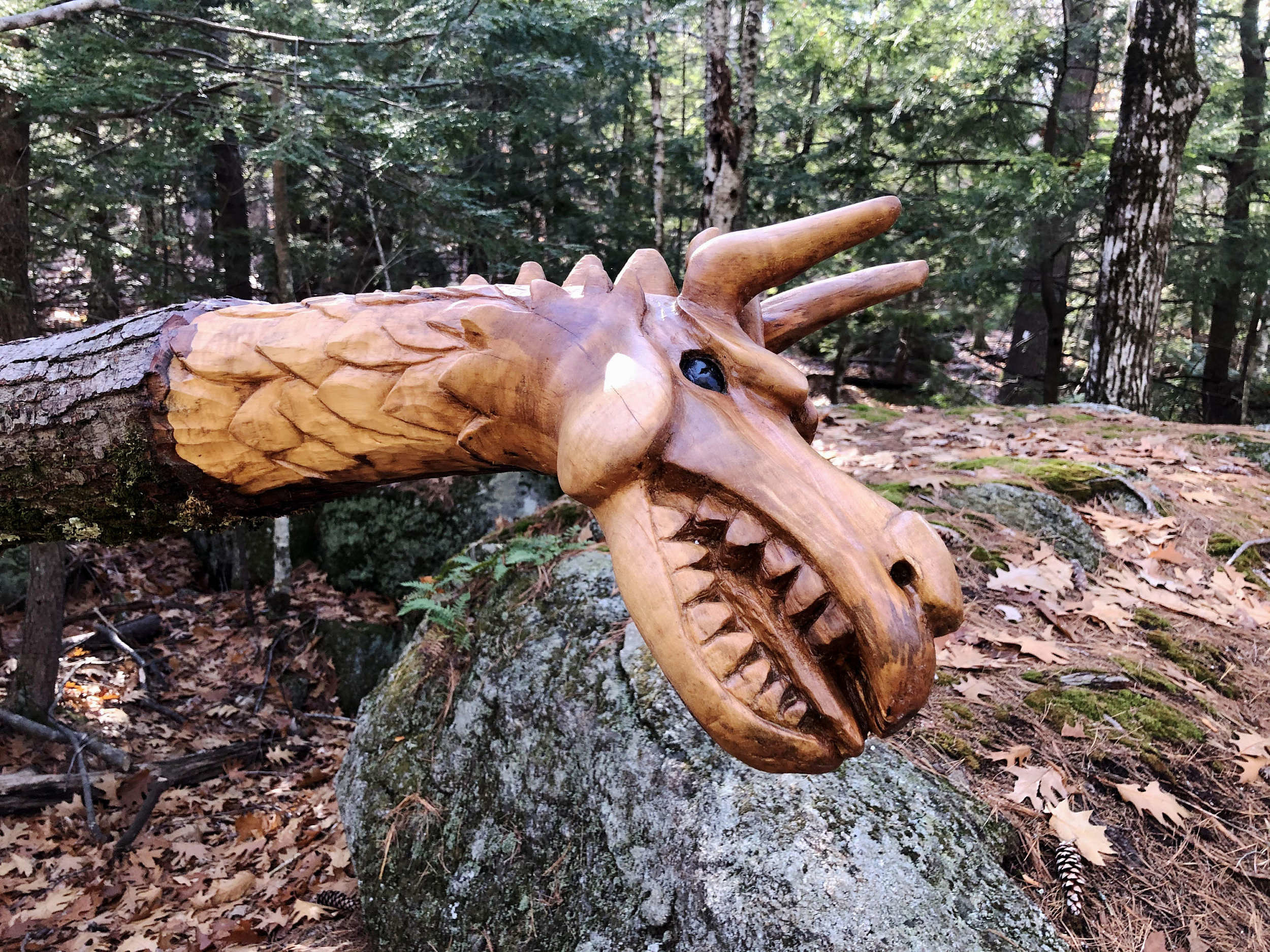 A carved wooden dragon along the Harriskat Trail. (photo © Brett Amy Thelen)