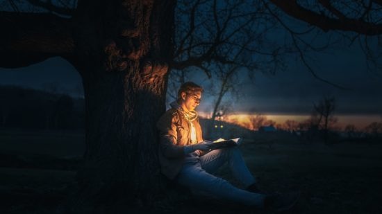 A man sits under a tree at dusk reading a book, which lights up as if by magic. (photo © Josh Hild via Unsplash)