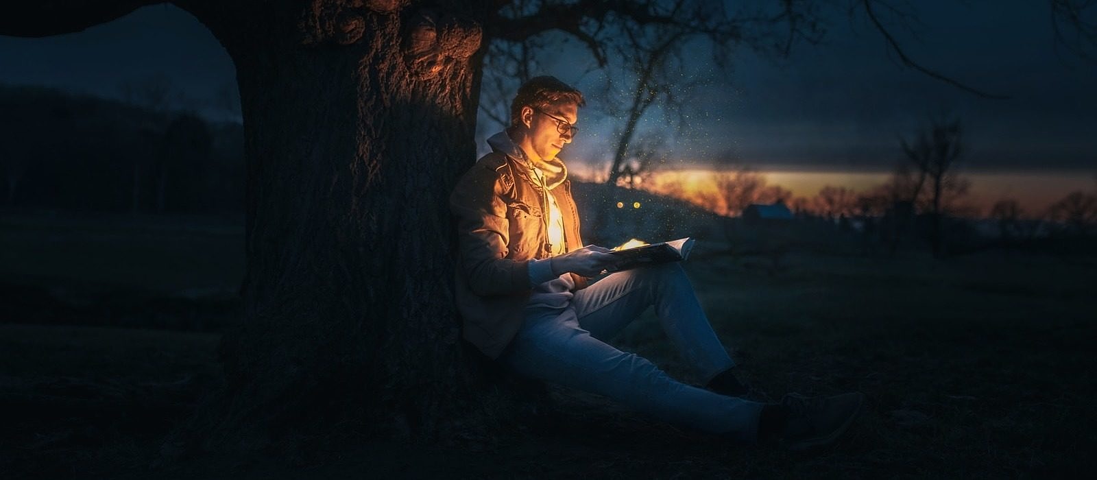 A man reads a book under a tree. (photo © Josh Hild via Unsplash)