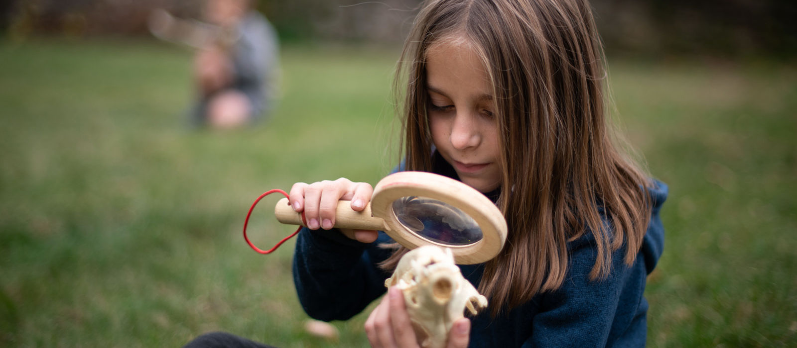 A girl uses a magnifying glass to look closely at an animal skull. (photo © Ben Conant)