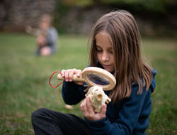 A young girls looks at an animal skull through a magnifying glass. (photo © Ben Conant)