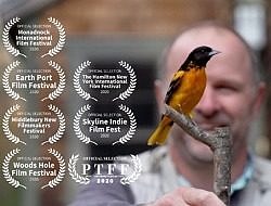 A photo of a man holding a taxidermied oriole, with film festival awards stamped on top of it. (photo © SALT Project)