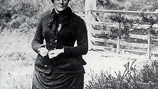 A black and white photo of Harriet Hemenway, in a black dress and hat. (photo courtesy Mass Audubon)