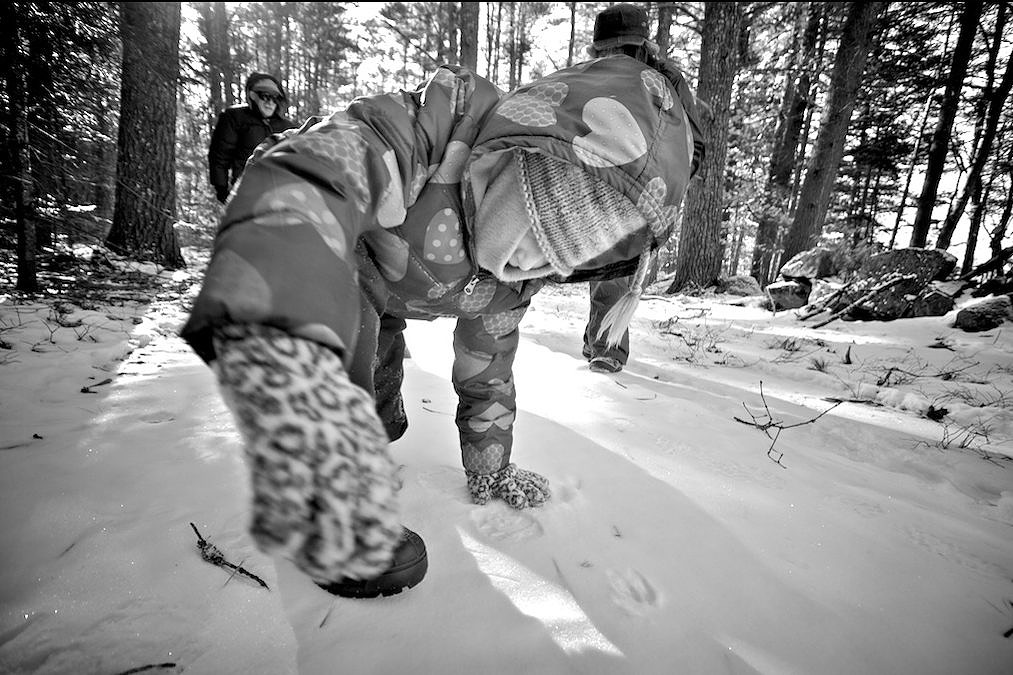 A toddler walks like a deer on a snowy morning in the woods. (photo © Bill Gnade)