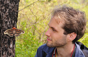 Sam Jaffe looks at a large moth that is perched on the bark of a tree. (photo courtesy Sam Jaffe)