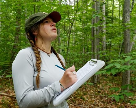 KSC conservation intern Mallory Roof records data at a forest inventory plot on Harris Center land. (photo © Will Wrobel / Keene State College)