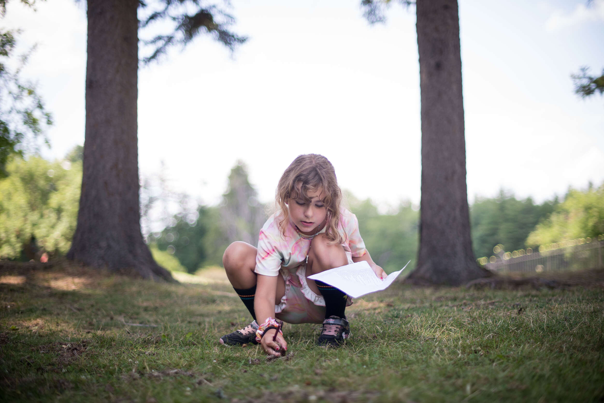 A child searches for something small on the ground, framed by two trees in the background (photo: Ben Conant)