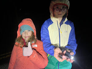 A girl gives a thumb's up sign while standing next to a boy who is holding a spotted salamander in one hand and flashlight in the other. (photo © Karen Seaver)
