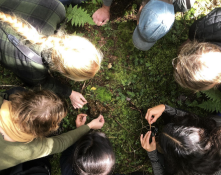 A group of foragers circle together to examine something on the forest floor. (photo: Fox Paw School)