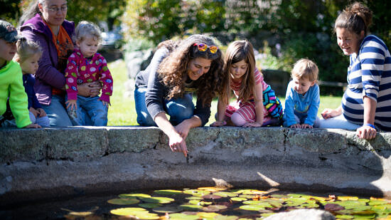 Children and adults gather around a small pond to look for pond life. (photo © Ben Conant)